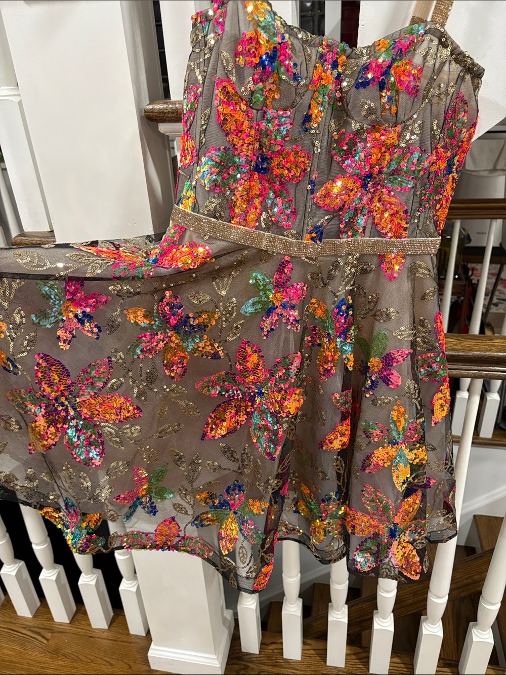 Bronx and Banco Brown Mini Dress with Multicolor Sequin Floral Embroidery - Picture 3 of 16